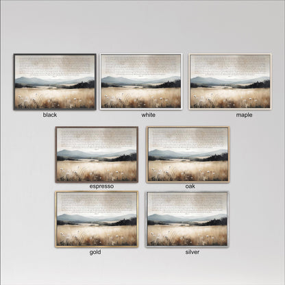 six framed landscape paintings, each with a different color and frame style, arranged in a grid.
