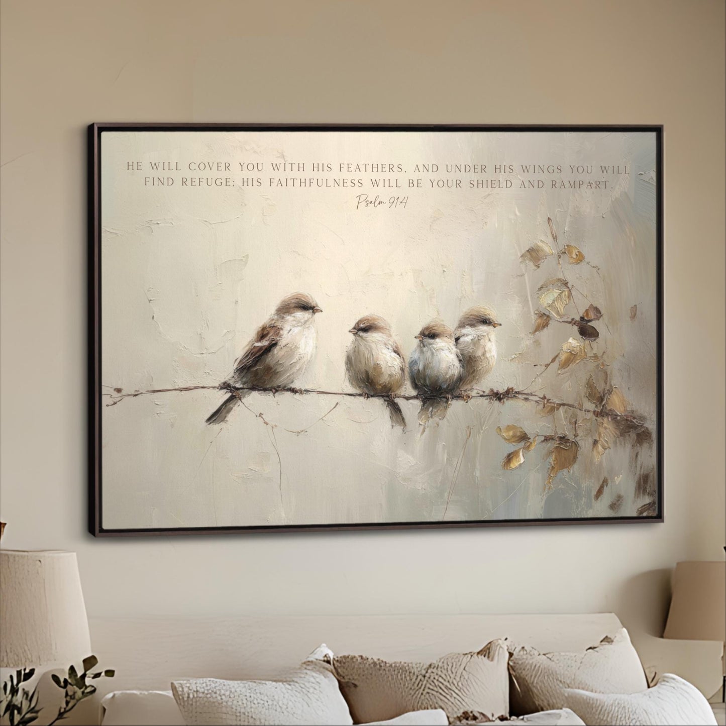 The image is a framed painting depicting four birds perched on a branch, with a text overlay that reads "He will cover you with his feathers, and under his wings you will find refuge. His faithfulness will be your shield and rampart."