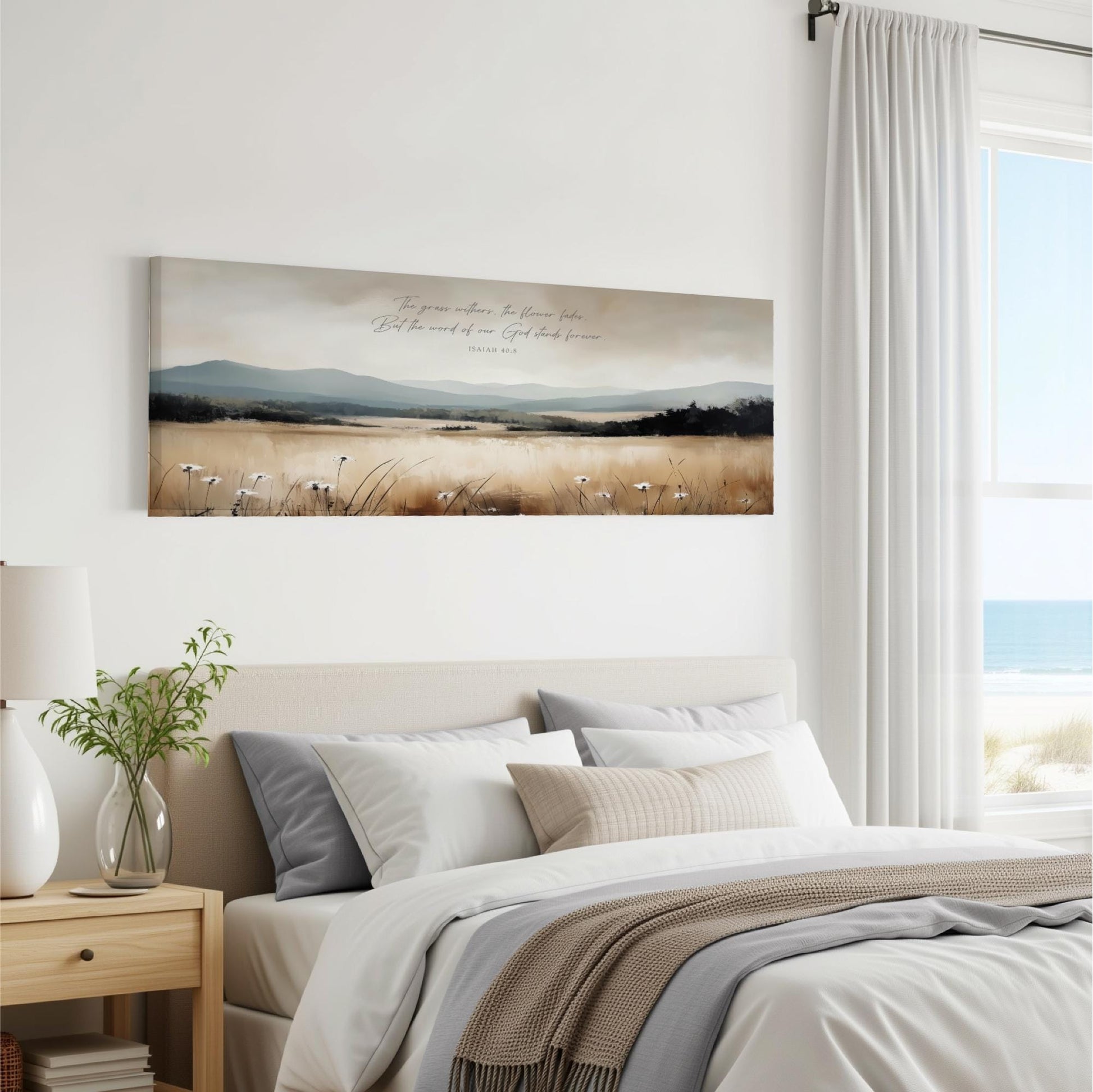 a serene bedroom scene with a large bed, a nightstand, and a painting of a field with mountains in the background.