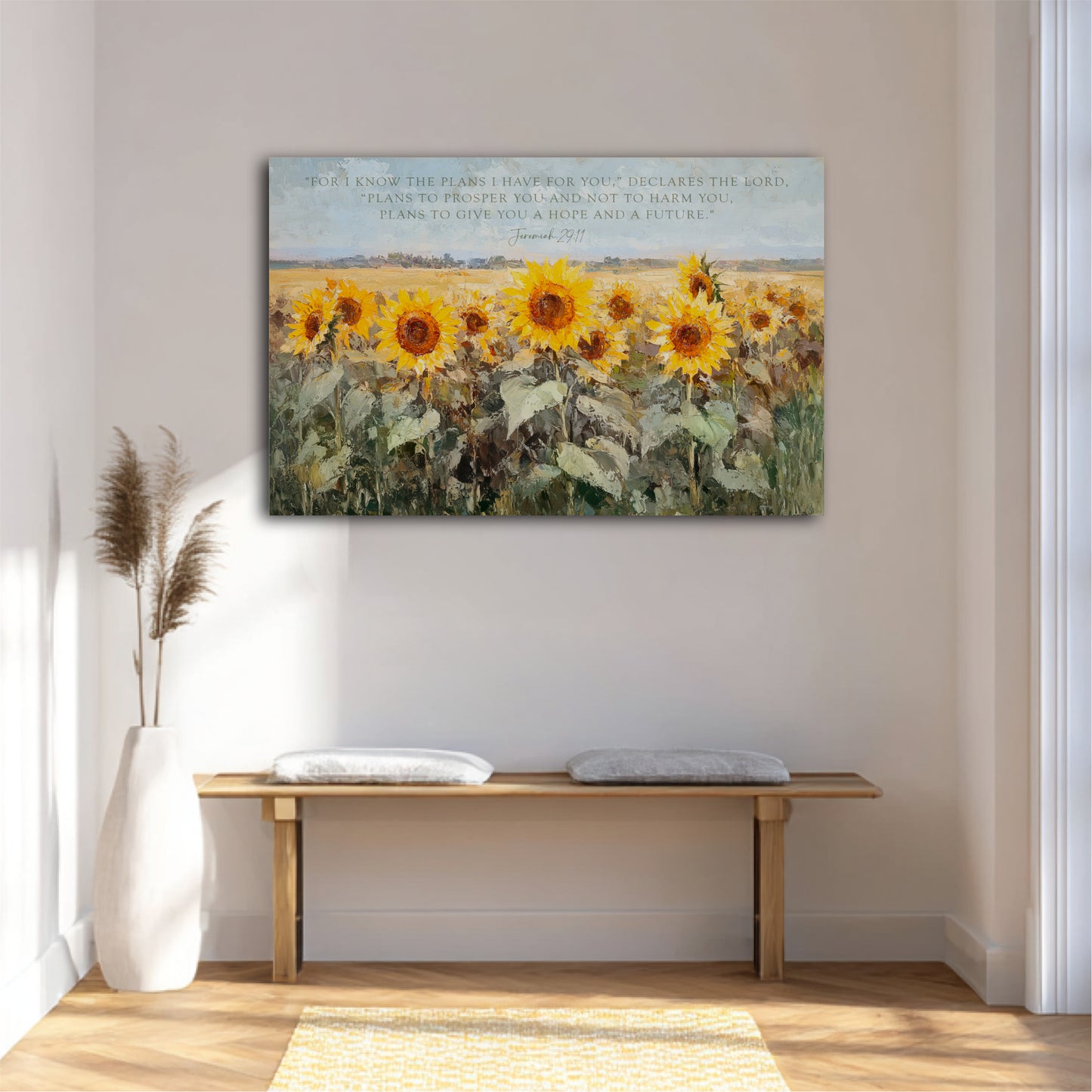 a large painting of a field of vibrant yellow sunflowers hanging on a wall above a wooden bench.