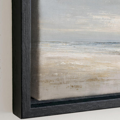 The image is a painting of a beach scene, depicting a sandy beach with waves in the background.