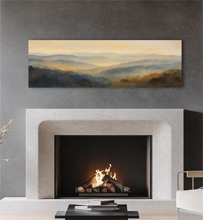 a cozy living room with a fireplace, a painting of a mountain landscape above it, and a stack of books on a coffee table in front of the fireplace.