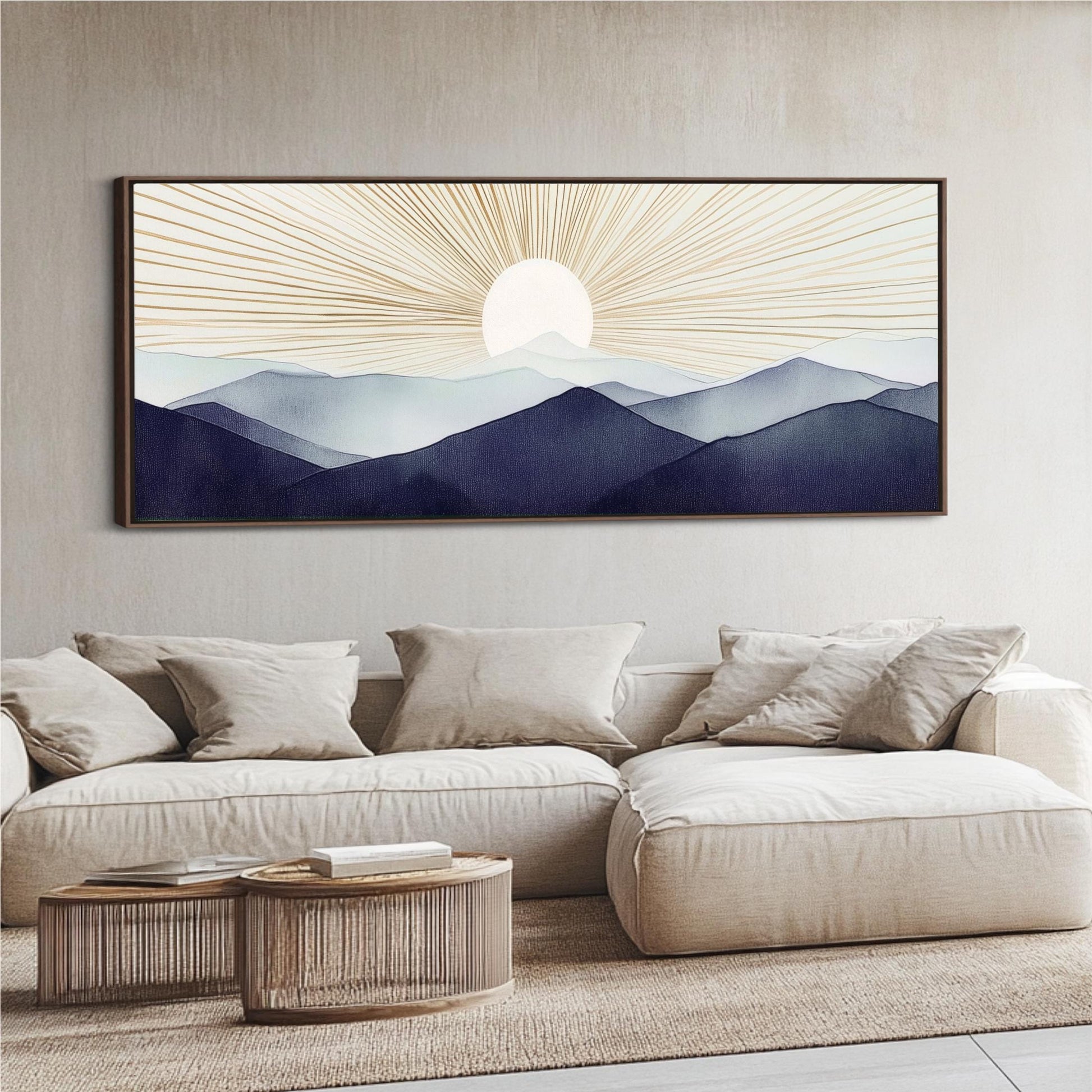 a living room with a large painting on the wall