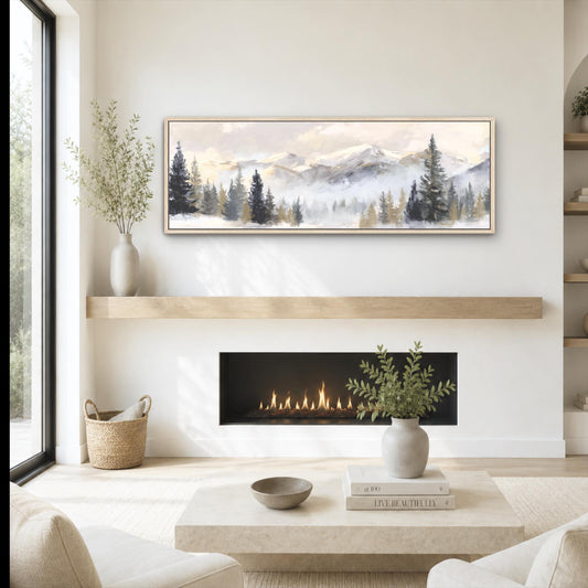 a cozy living room with a fireplace, a coffee table, and a painting of a mountain landscape hanging on the wall above the fireplace.
