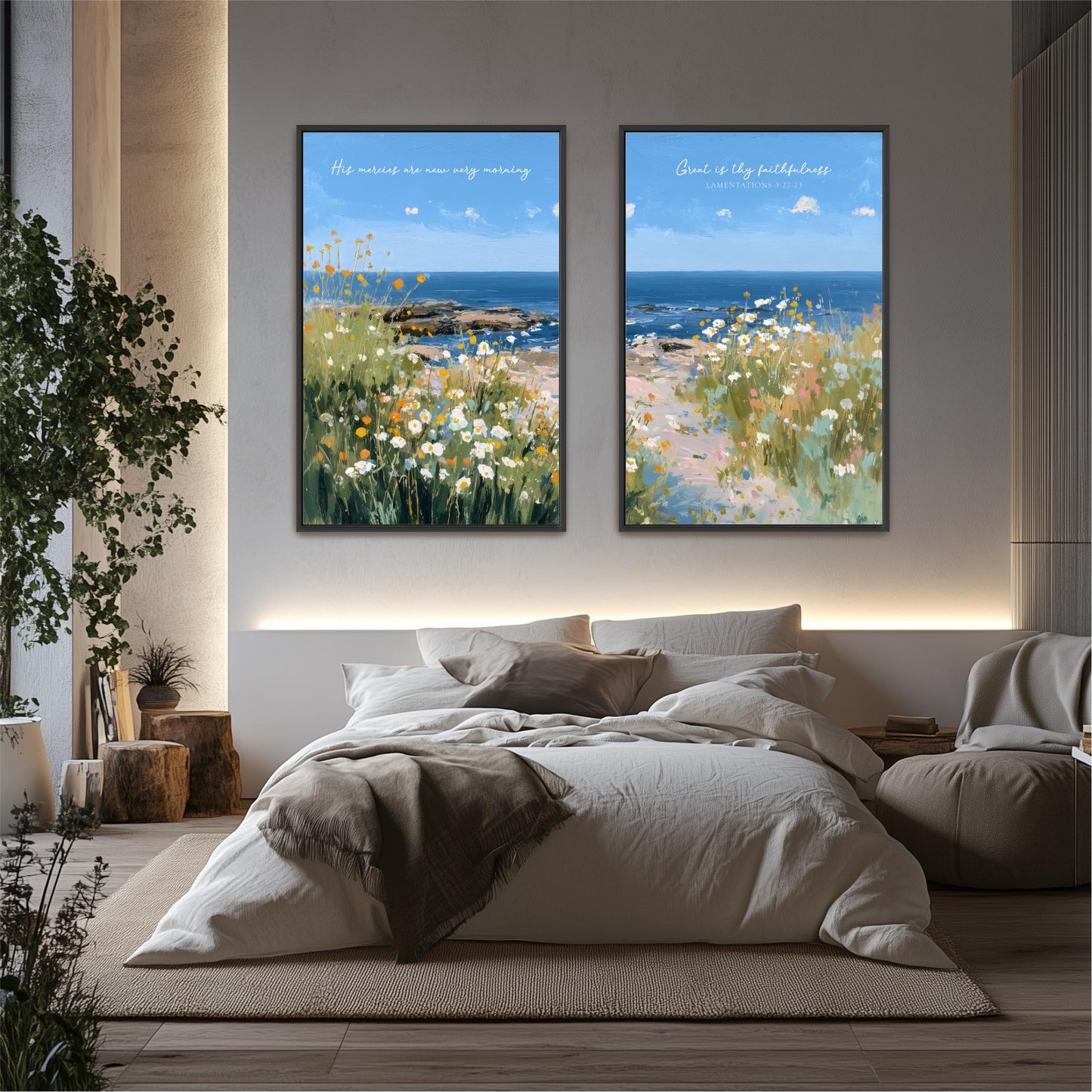 a serene bedroom scene with a large bed, a nightstand, and a potted plant. The walls are decorated with two framed paintings of a beach landscape, creating a calming and peaceful atmosphere.