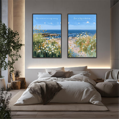 a serene bedroom scene with a large bed, a nightstand, and a potted plant. The walls are decorated with two framed paintings of a beach landscape, creating a calming and peaceful atmosphere.