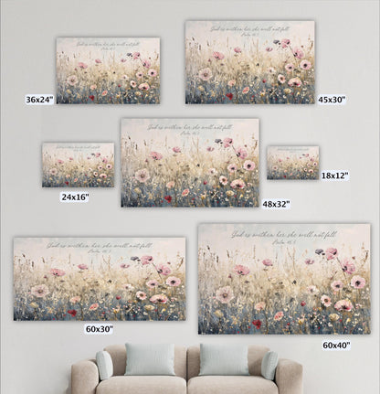 a collection of five framed artworks depicting a field of flowers, each with a different size and resolution. The artworks are arranged on a wall, and there is a couch in the foreground.