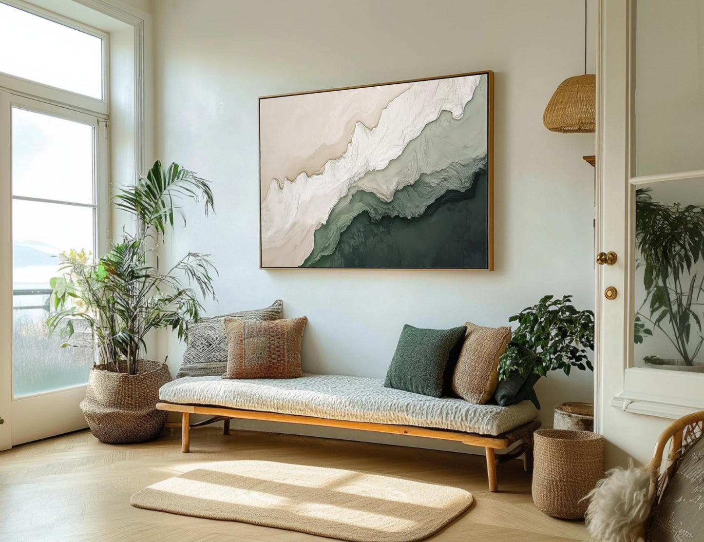 a cozy and inviting living room with a large window, a comfortable sofa with throw pillows, and a large abstract painting on the wall.