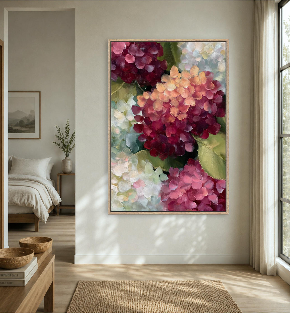 a large, vibrant painting of colorful flowers hanging on a wall in a room.
