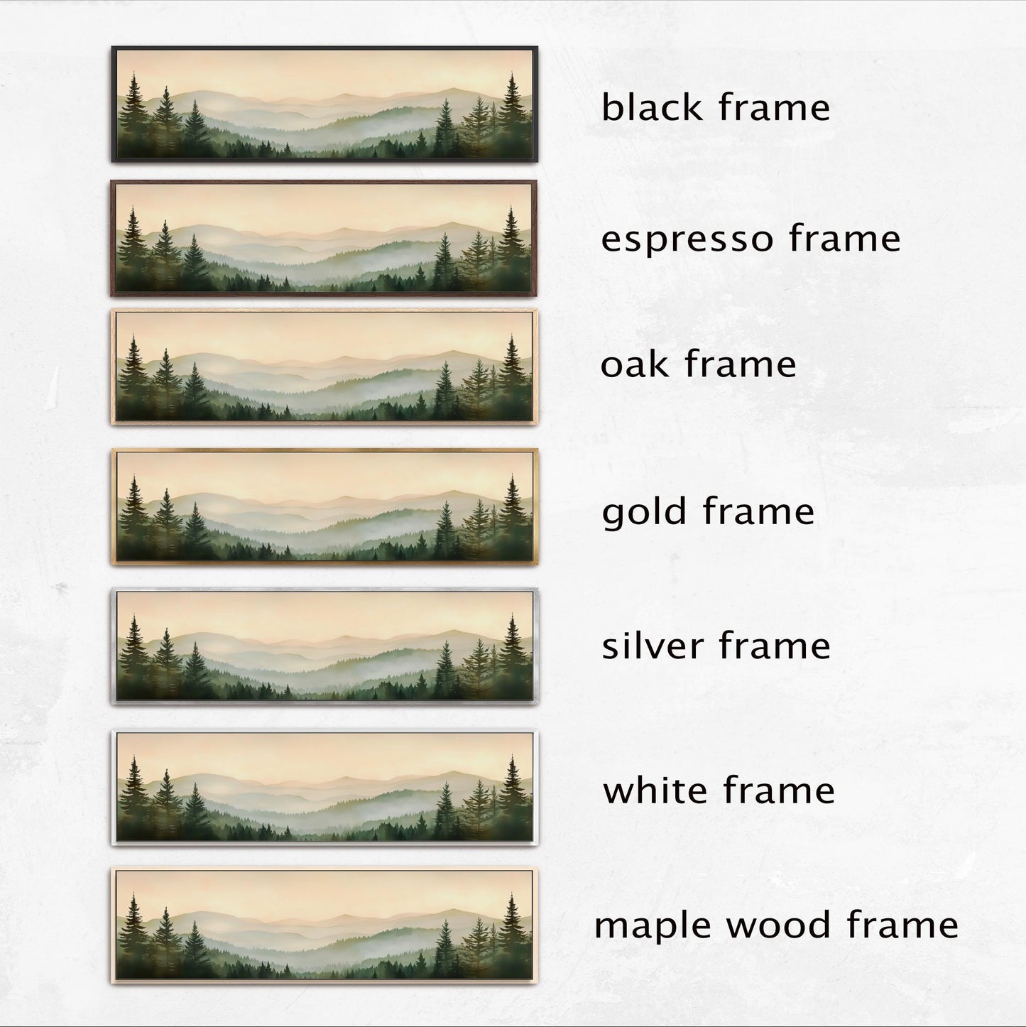 six different frames, each depicting a landscape with trees and mountains. The frames are labeled with the different frame types: black frame, espresso frame, oak frame, gold frame, silver frame, and white frame.