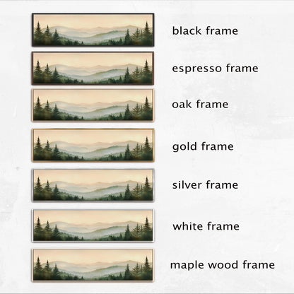 six different frames, each depicting a landscape with trees and mountains. The frames are labeled with the different frame types: black frame, espresso frame, oak frame, gold frame, silver frame, and white frame.