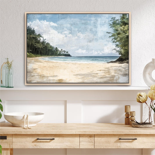 a painting hanging on a wall above a table