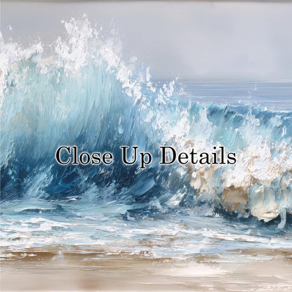 a large, powerful wave crashing against the shore, with the water appearing in shades of blue and white.