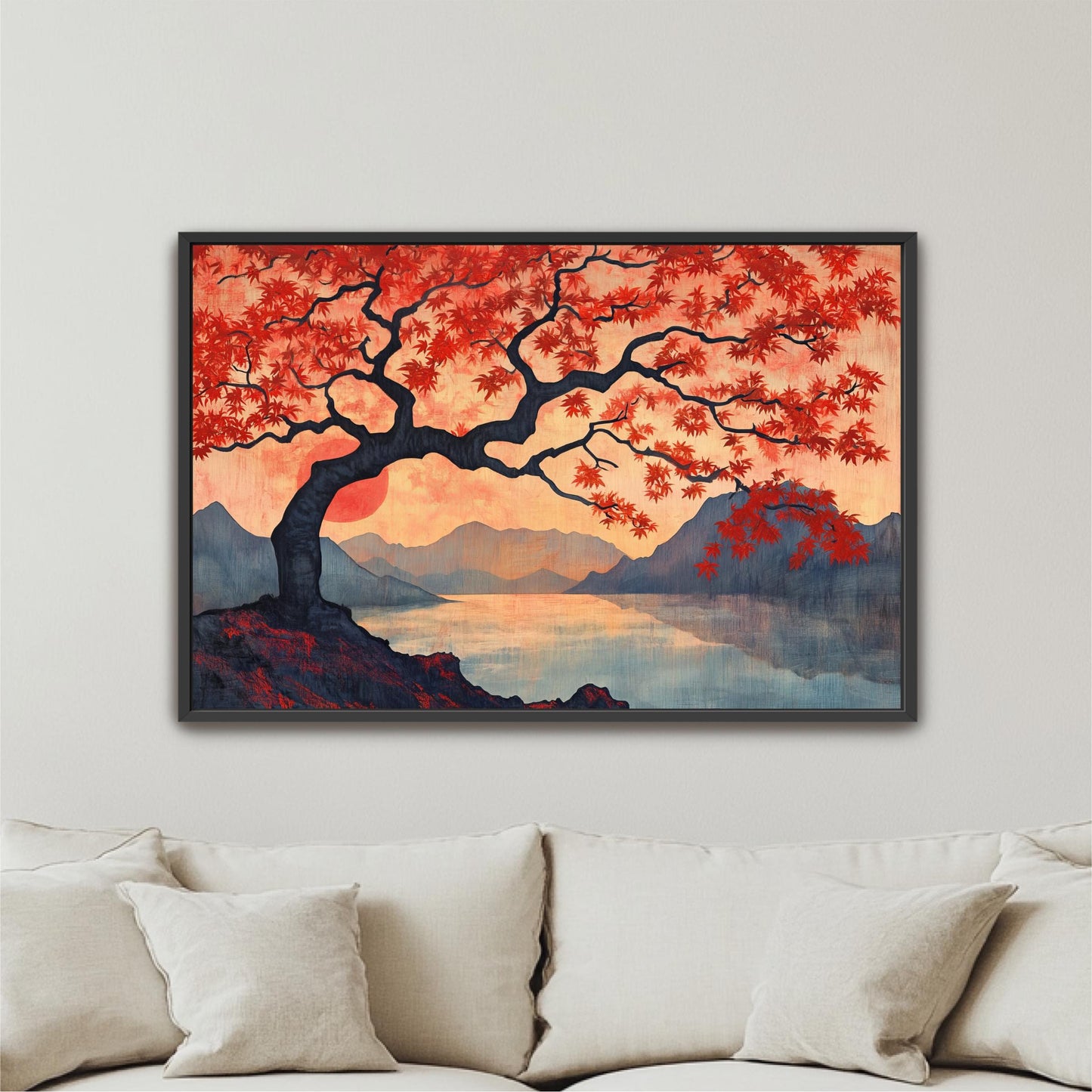 a living room with a couch and a painting on the wall