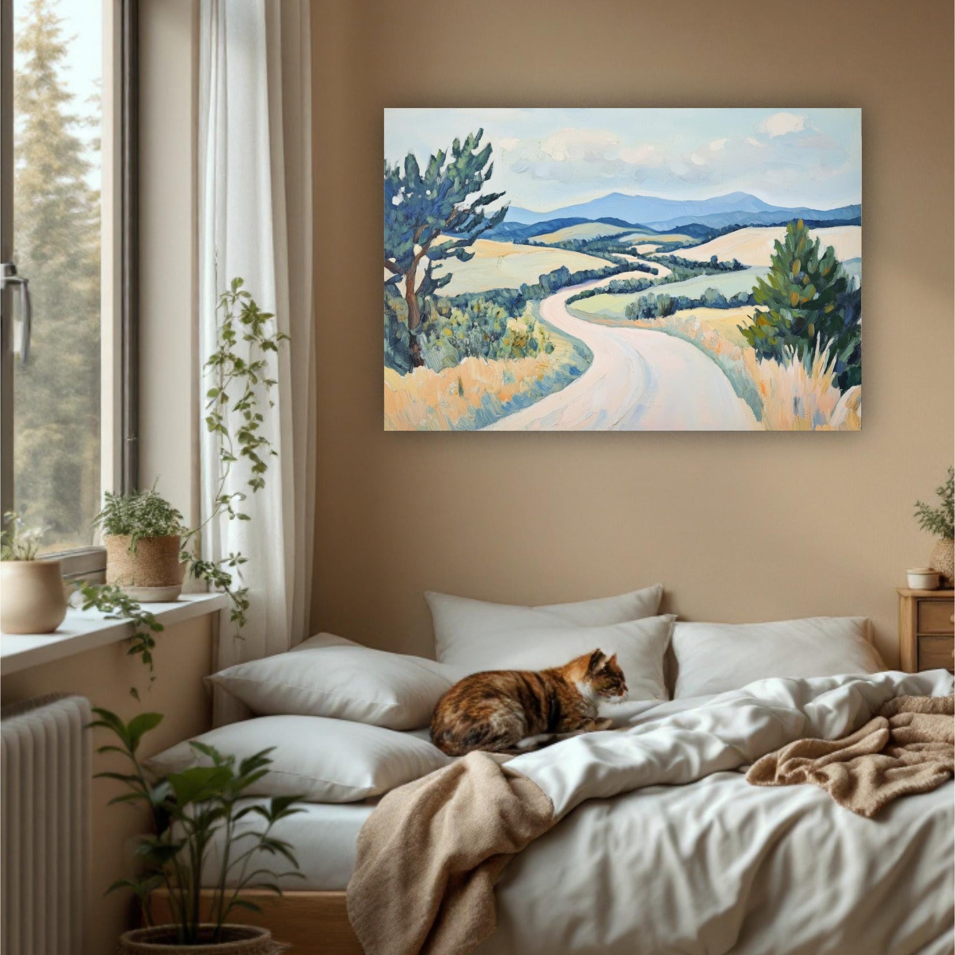 a serene bedroom scene with a large painting of a winding road and rolling hills hanging on the wall above a bed with a cat resting on it. The room is decorated with potted plants and other natural elements, creating a cozy and inviting atmosphere.