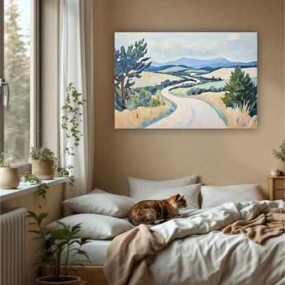 a serene bedroom scene with a large painting of a winding road and rolling hills hanging on the wall above a bed with a cat resting on it. The room is decorated with potted plants and other natural elements, creating a cozy and inviting atmosphere.