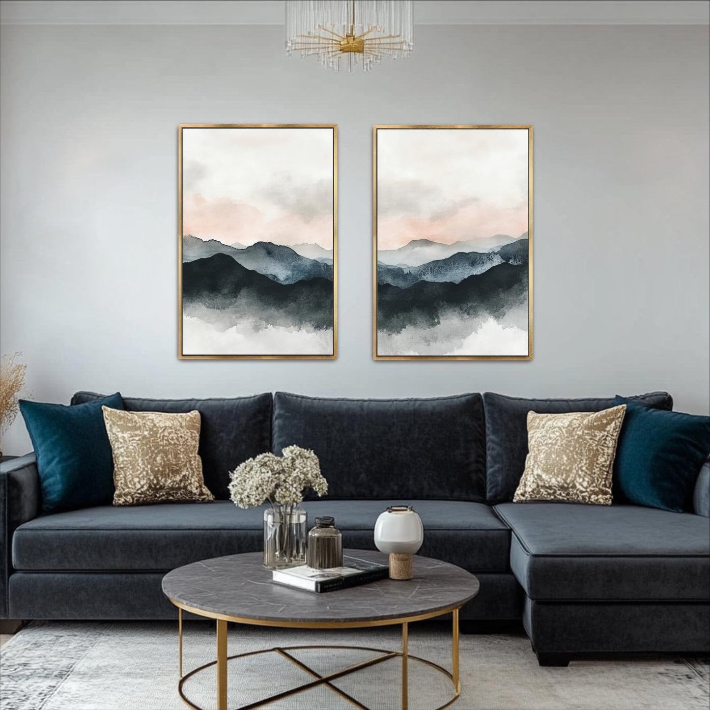 a modern living room with a large sectional sofa, a round coffee table, and two framed landscape paintings on the wall above the sofa.