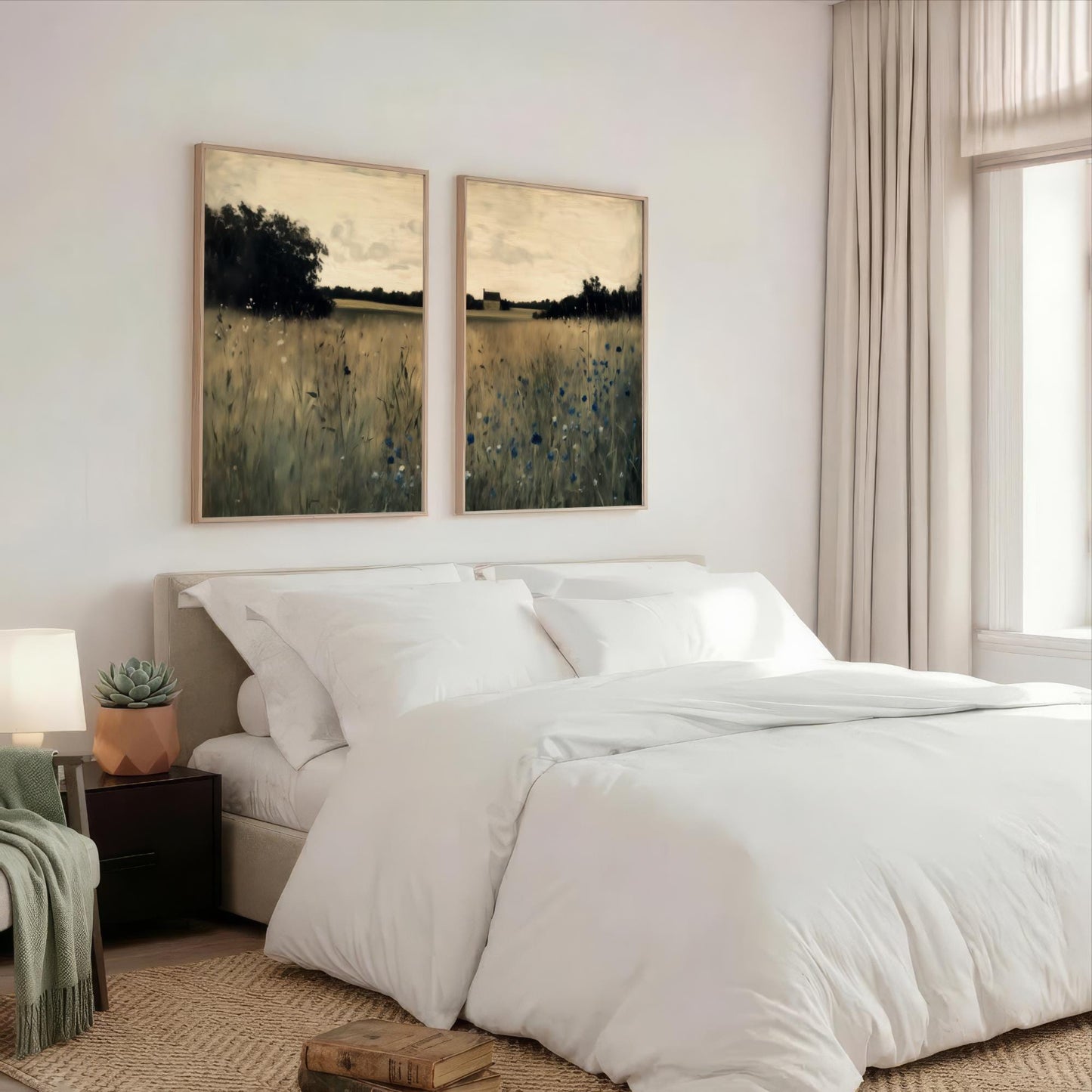 a serene bedroom scene with a large bed, white bedding, and two framed landscape paintings on the wall above it.