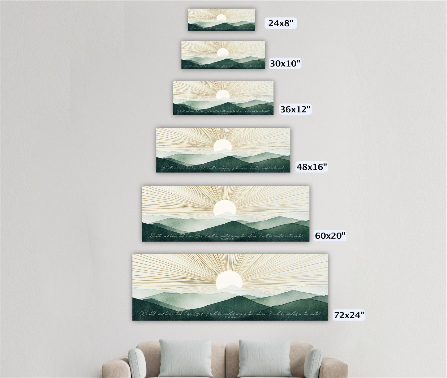 a series of landscape paintings or prints, each varying in size, arranged in a vertical line on a wall. The largest print is at the top, followed by progressively smaller prints, all depicting the same serene mountain landscape with a sun in the sky.