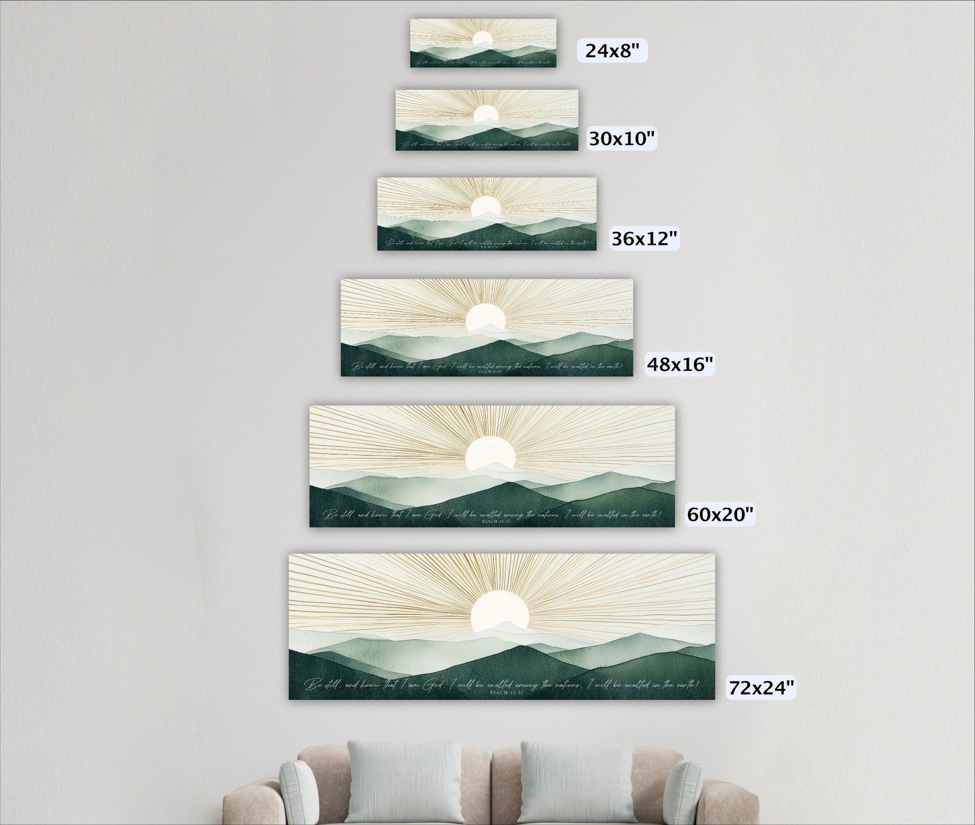 a series of landscape paintings or prints, each varying in size, arranged in a vertical line on a wall. The largest print is at the top, followed by progressively smaller prints, all depicting the same serene mountain landscape with a sun in the sky.