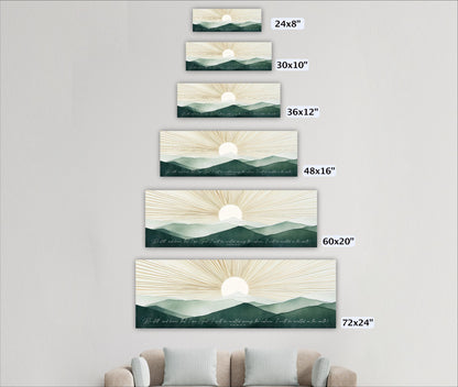 a series of landscape paintings or prints, each varying in size, arranged in a vertical line on a wall. The largest print is at the top, followed by progressively smaller prints, all depicting the same serene mountain landscape with a sun in the sky.