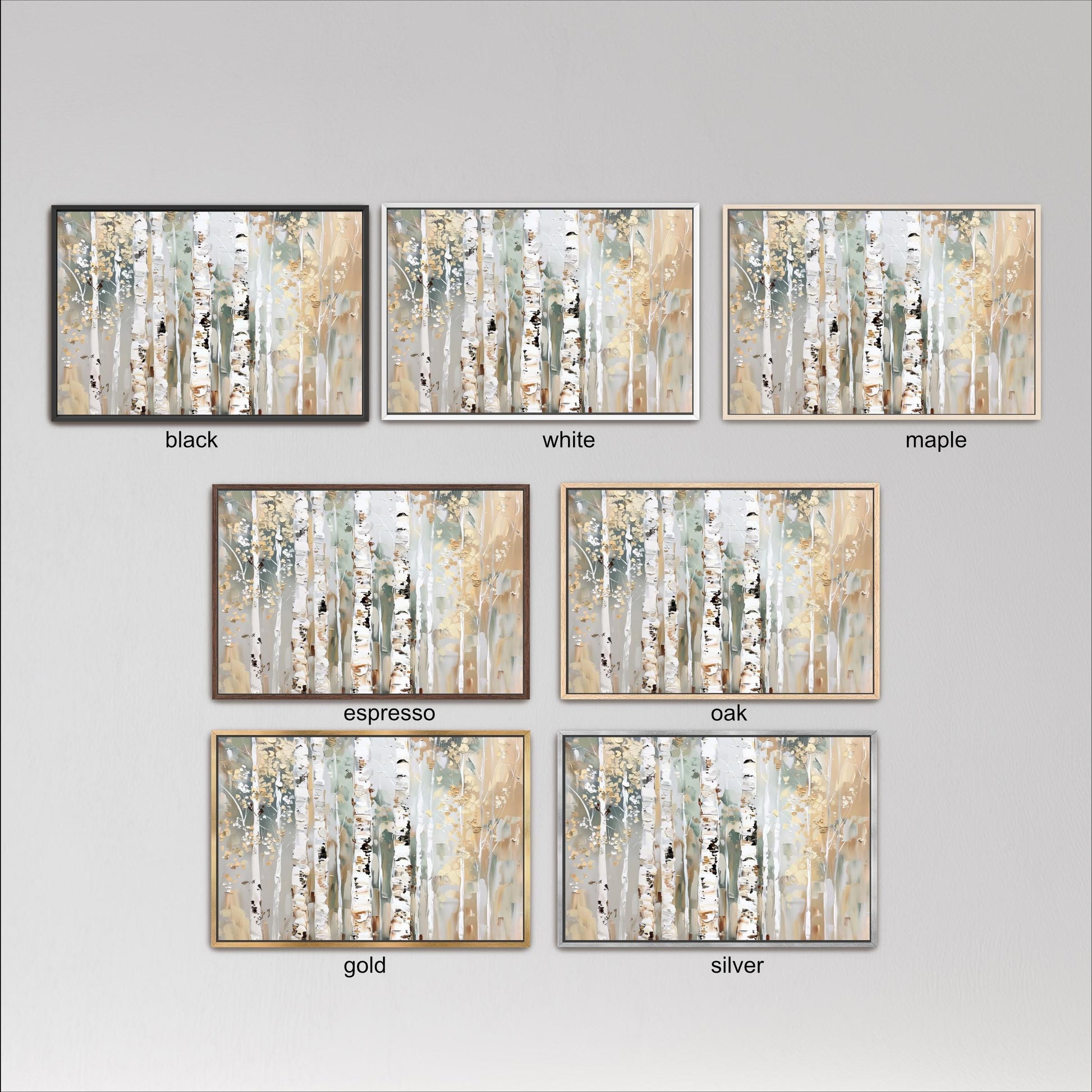 six different framed artworks depicting trees, each with a different color scheme. The artworks are labeled with the color of the frame, such as black, white, maple, espresso, oak, gold, and silver.