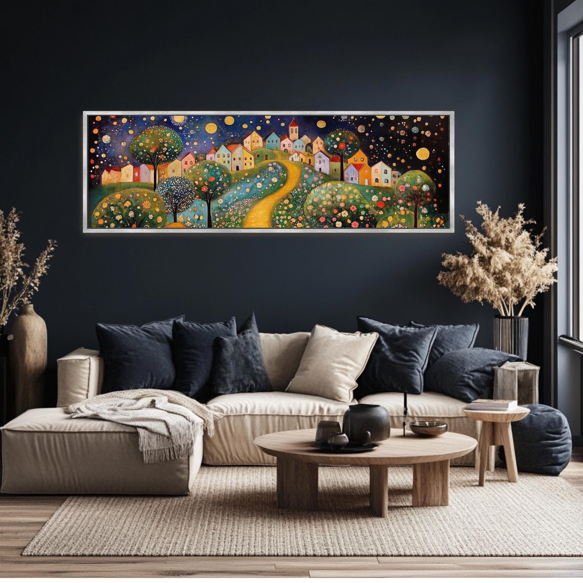 a living room with a large painting on the wall