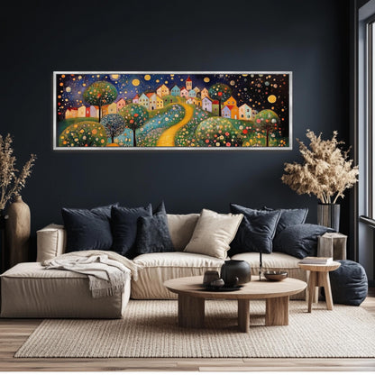a living room with a large painting on the wall