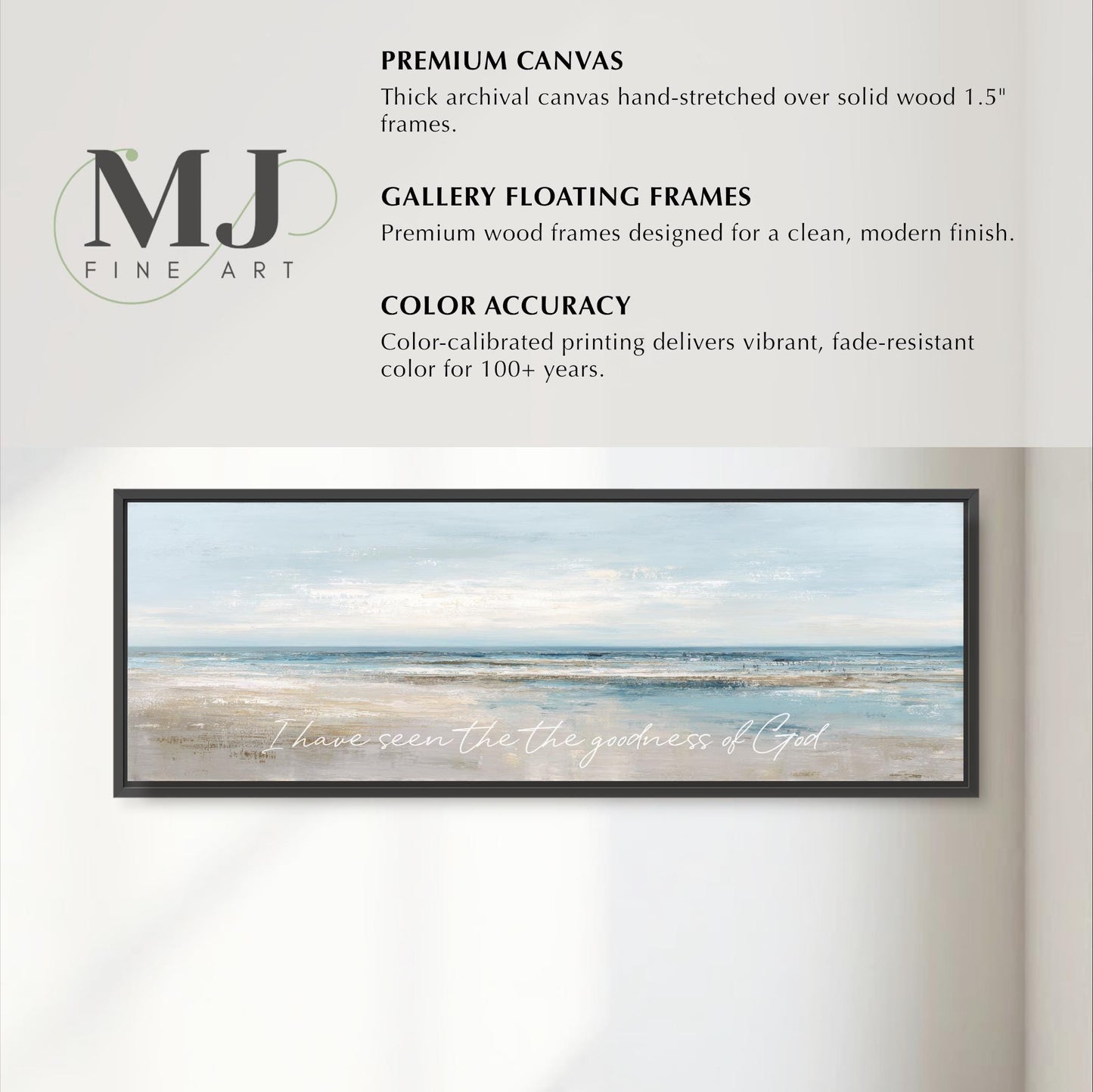 The image is a framed artwork depicting a serene landscape with a body of water and a sky. The artwork is a premium canvas hand-stretched over solid wood 1.5" frames, designed for a clean, modern finish. The color accuracy of the print is color-calibrated, delivering vibrant, fade-resistant color for 100+ years. The artwork is a gallery floating frame, which is a premium wood frame designed for a clean, modern finish.