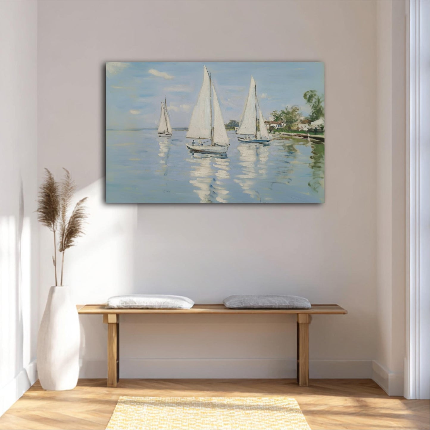 a painting of three sailboats on a calm body of water, hanging on a wall above a wooden bench.