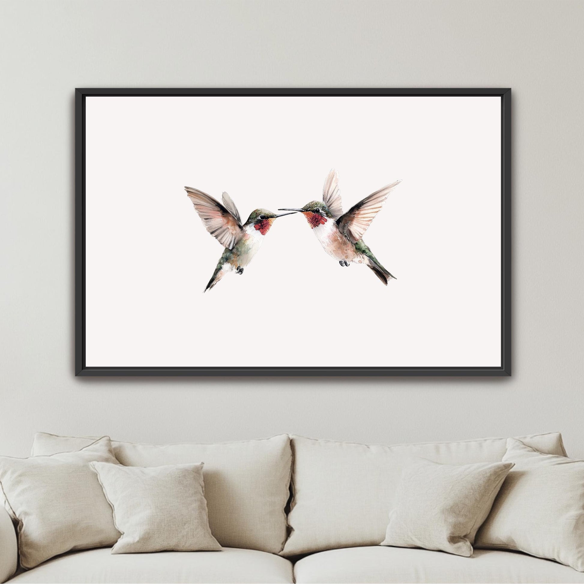 two hummingbirds in flight, with their long beaks and vibrant colors, creating a lively and dynamic scene.