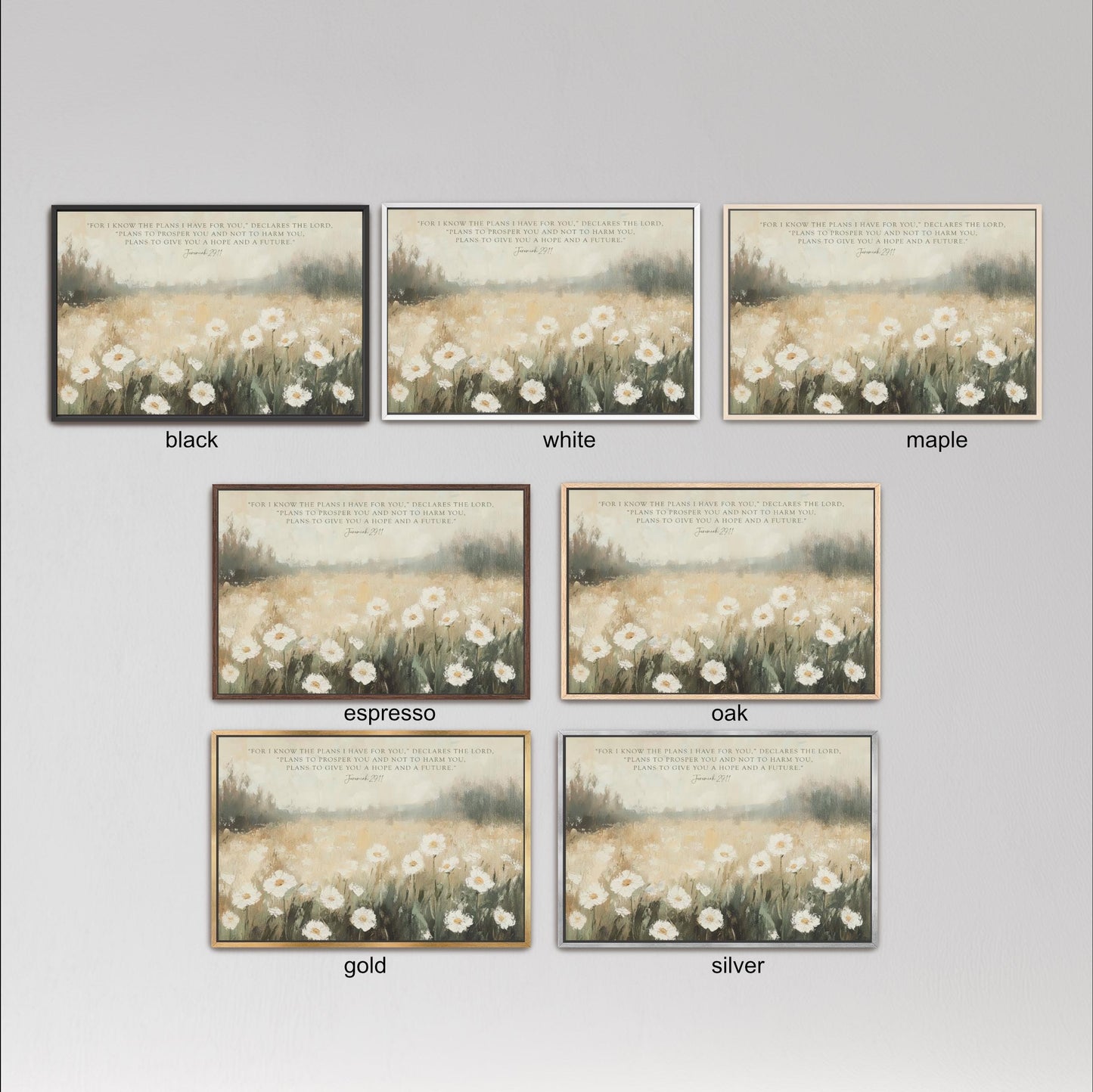six framed pictures of a field of flowers, each with a different color frame. The frames are labeled with the color of the frame, such as black, white, maple, espresso, oak, gold, and silver.