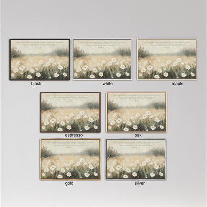 six framed pictures of a field of flowers, each with a different color frame. The frames are labeled with the color of the frame, such as black, white, maple, espresso, oak, gold, and silver.