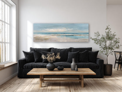 a modern living room with a large window, a black sofa, a wooden coffee table, and a painting of a beach scene hanging on the wall above the sofa.