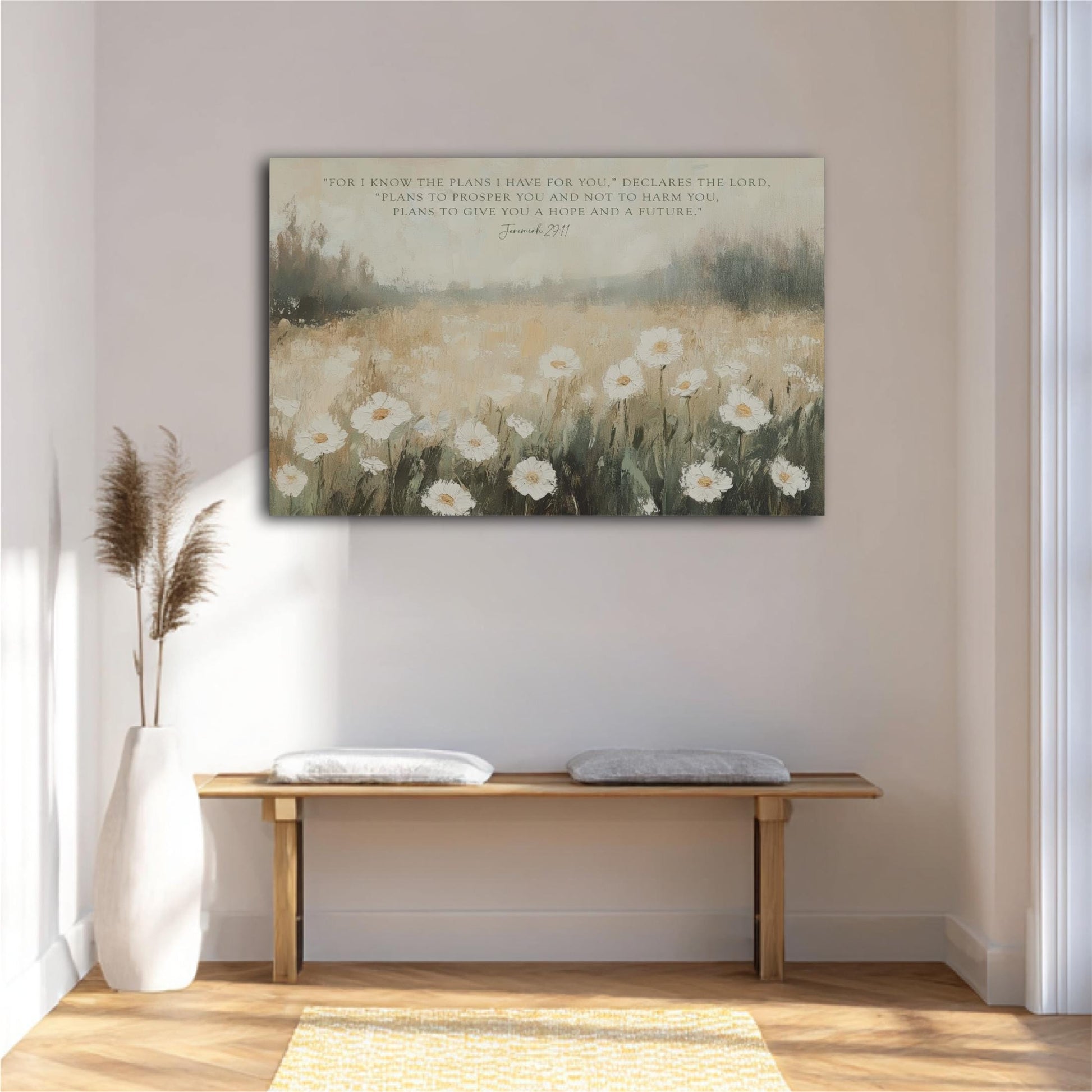 a serene indoor setting with a wooden bench, a vase of flowers, and a painting of a field of white flowers hanging on the wall.