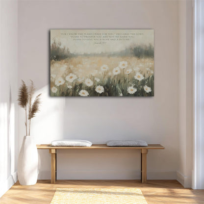 a serene indoor setting with a wooden bench, a vase of flowers, and a painting of a field of white flowers hanging on the wall.