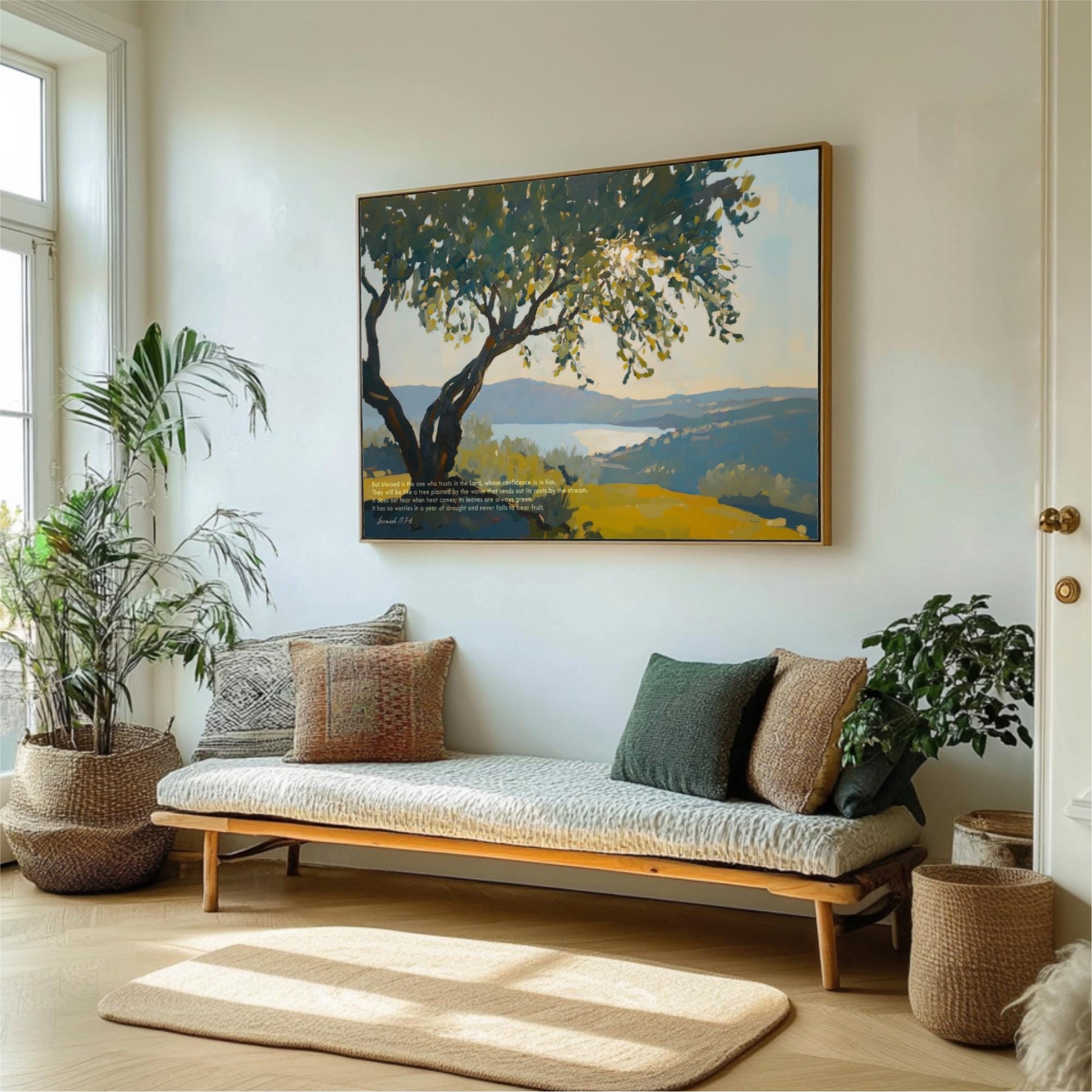 a living room with a large painting of a tree and a landscape on the wall, a wooden bench with pillows, and several potted plants.