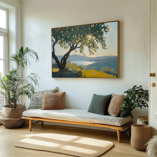 a living room with a large painting of a tree and a landscape on the wall, a wooden bench with pillows, and several potted plants.