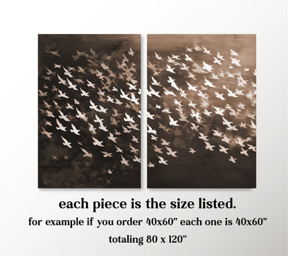 a flock of birds in flight, with each piece being the size listed. For example, if you order 40x60, each piece is 40x60, totaling 80 x 120.