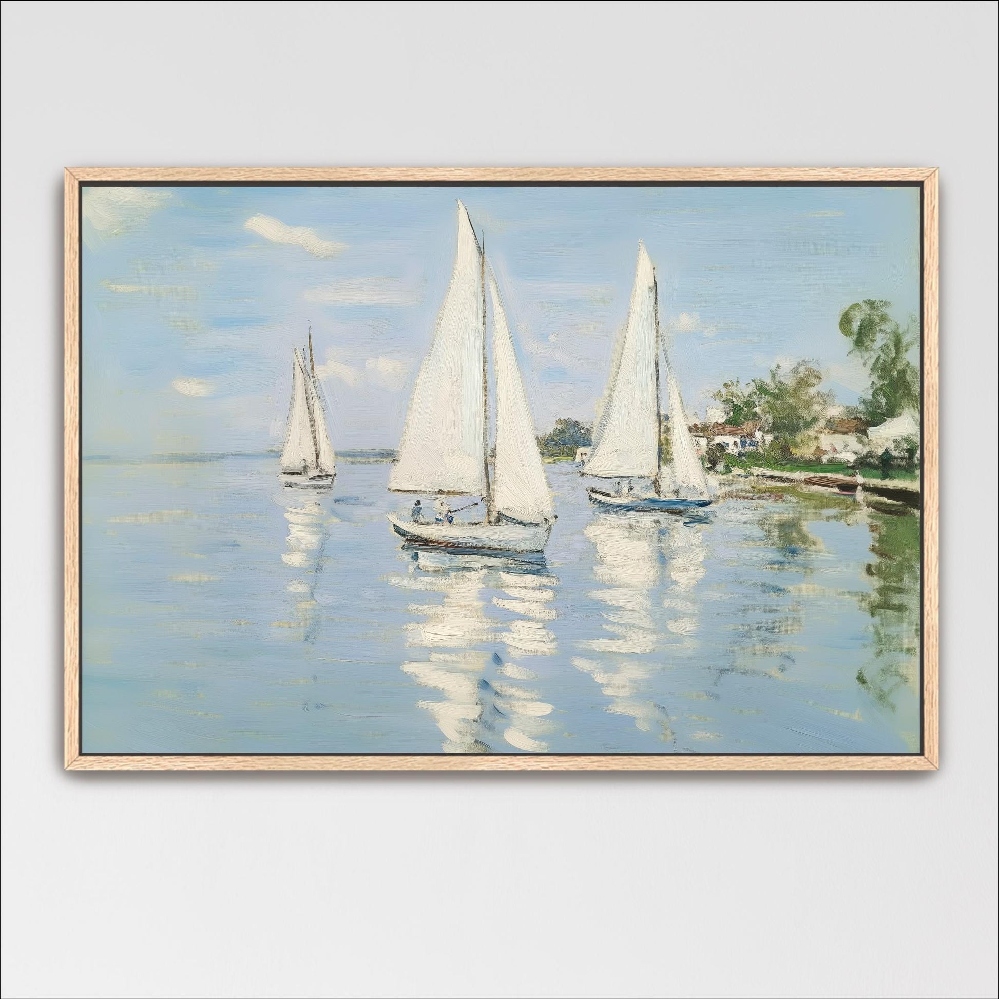 three sailboats on a body of water, with their sails catching the wind and creating ripples on the surface.