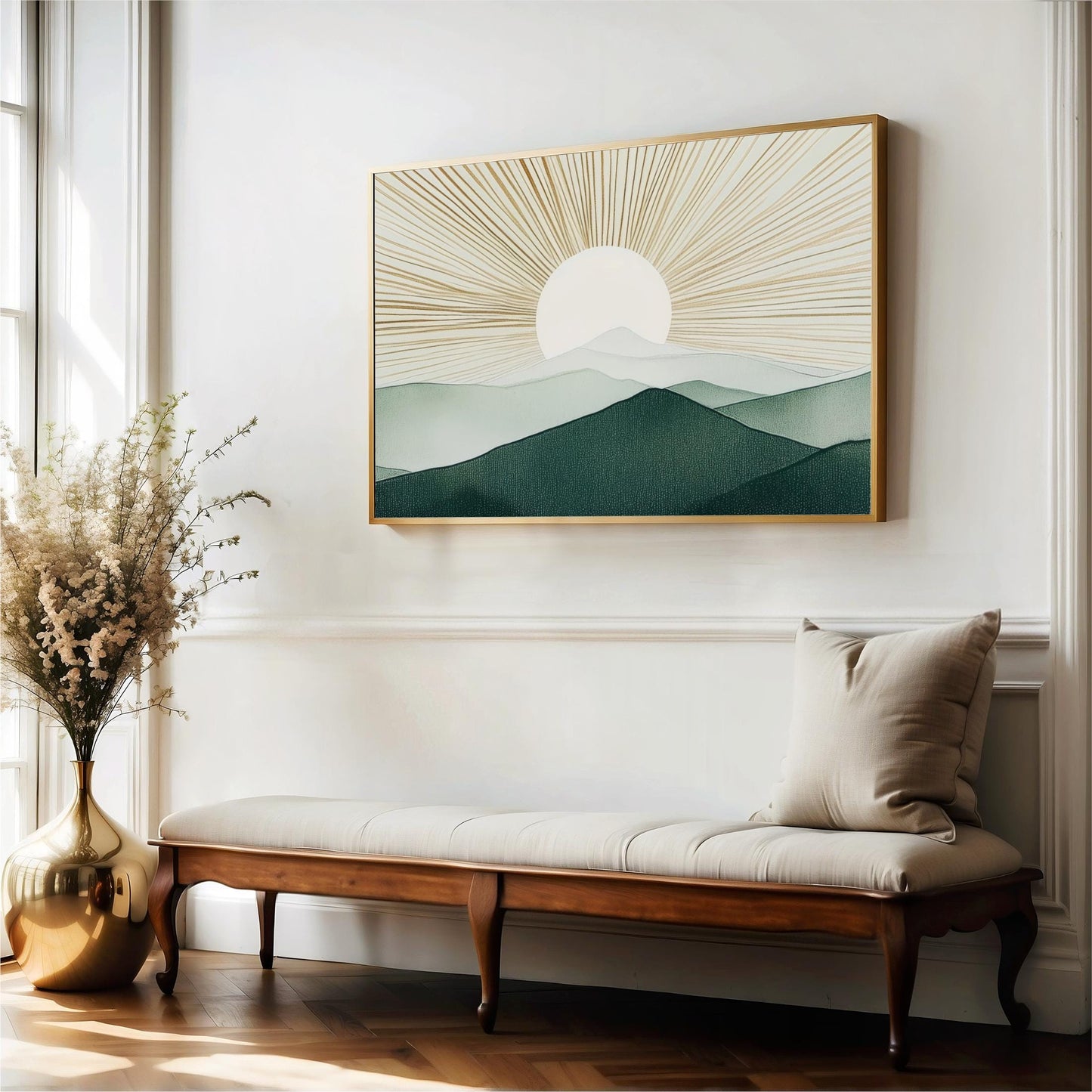 a serene indoor setting with a wooden bench, a vase of flowers, and a framed landscape painting depicting a sun-filled mountain range.