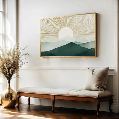 a serene indoor setting with a wooden bench, a vase of flowers, and a framed landscape painting depicting a sun-filled mountain range.