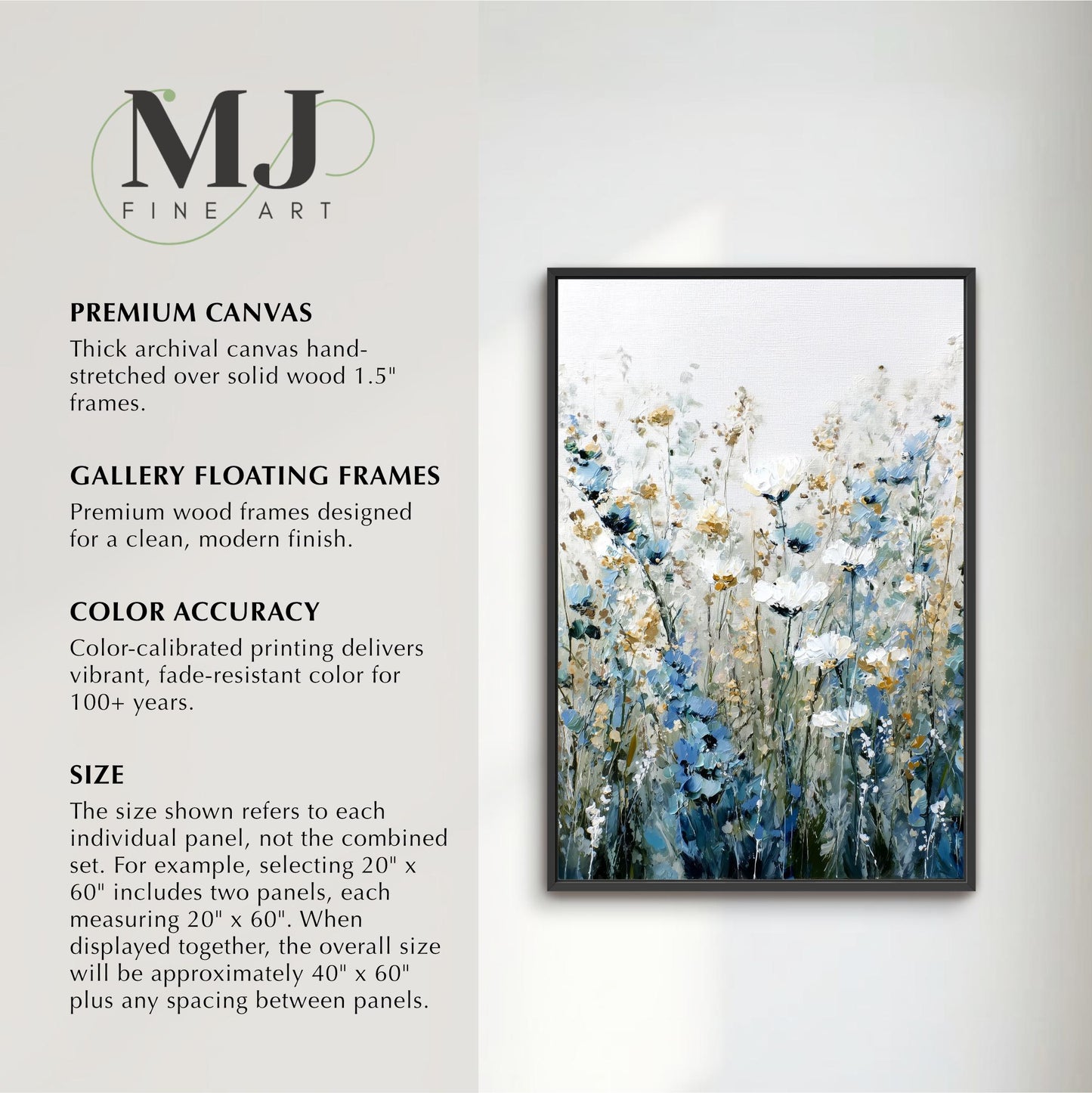 The image is a detailed description of a painting of a field of flowers, including the artist's name, the type of canvas used, the size of the painting, and the color accuracy of the painting.