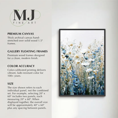 The image is a detailed description of a painting of a field of flowers, including the artist's name, the type of canvas used, the size of the painting, and the color accuracy of the painting.