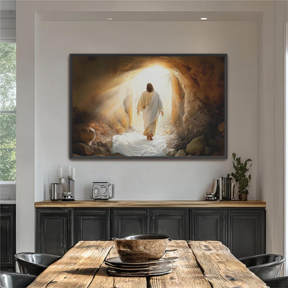 a large painting of Jesus walking out of a cave, with a bright light shining down from the cave opening.