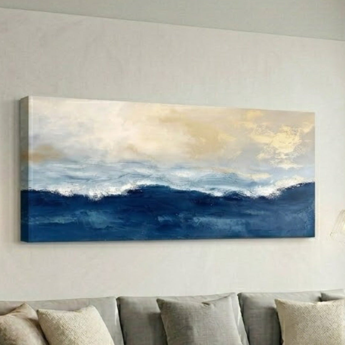 blue gold abstract ocean art, large horizontal artwork framed canvas