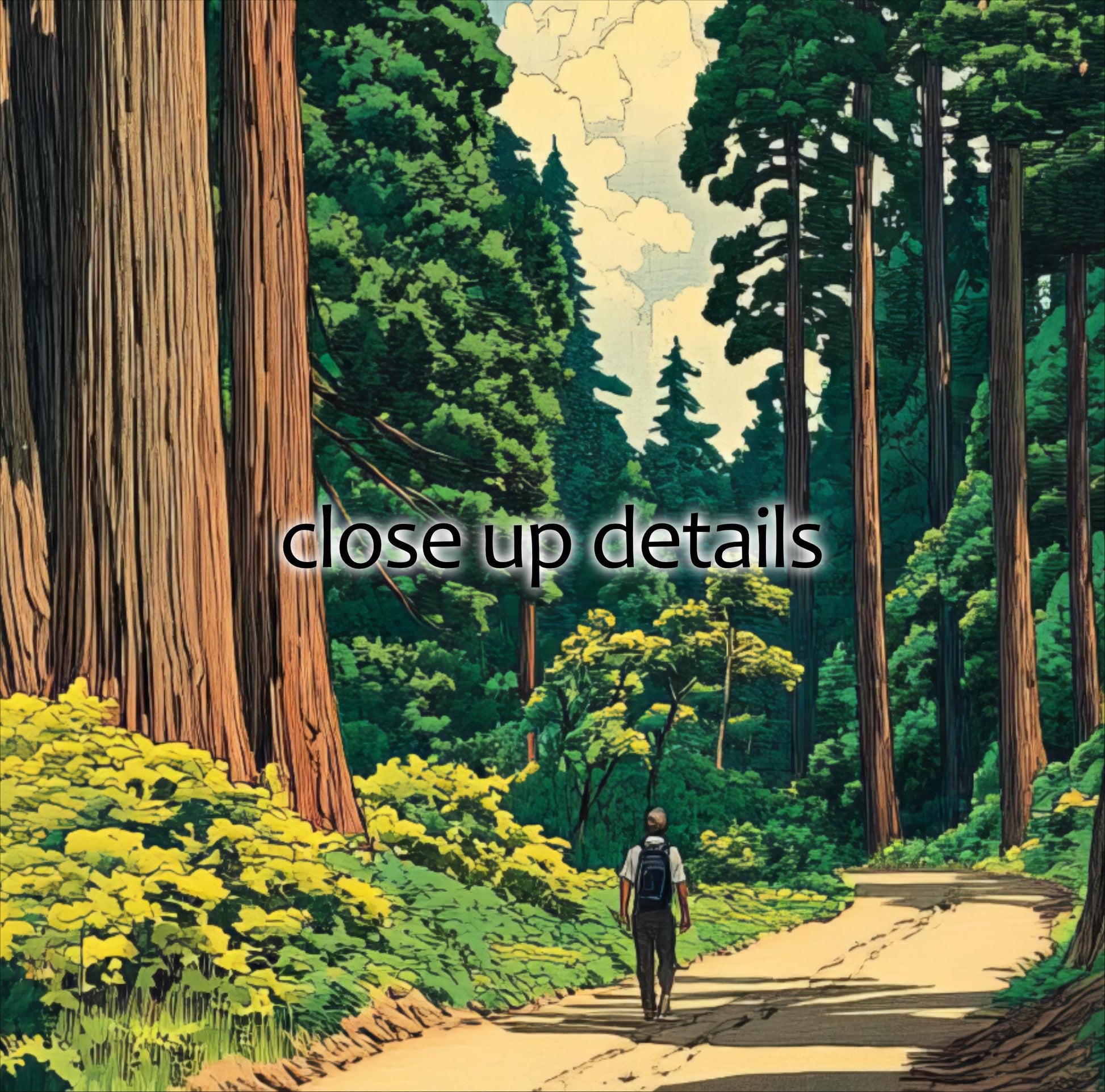 A person is walking on a dirt path through a lush, green forest with towering trees and vibrant foliage.