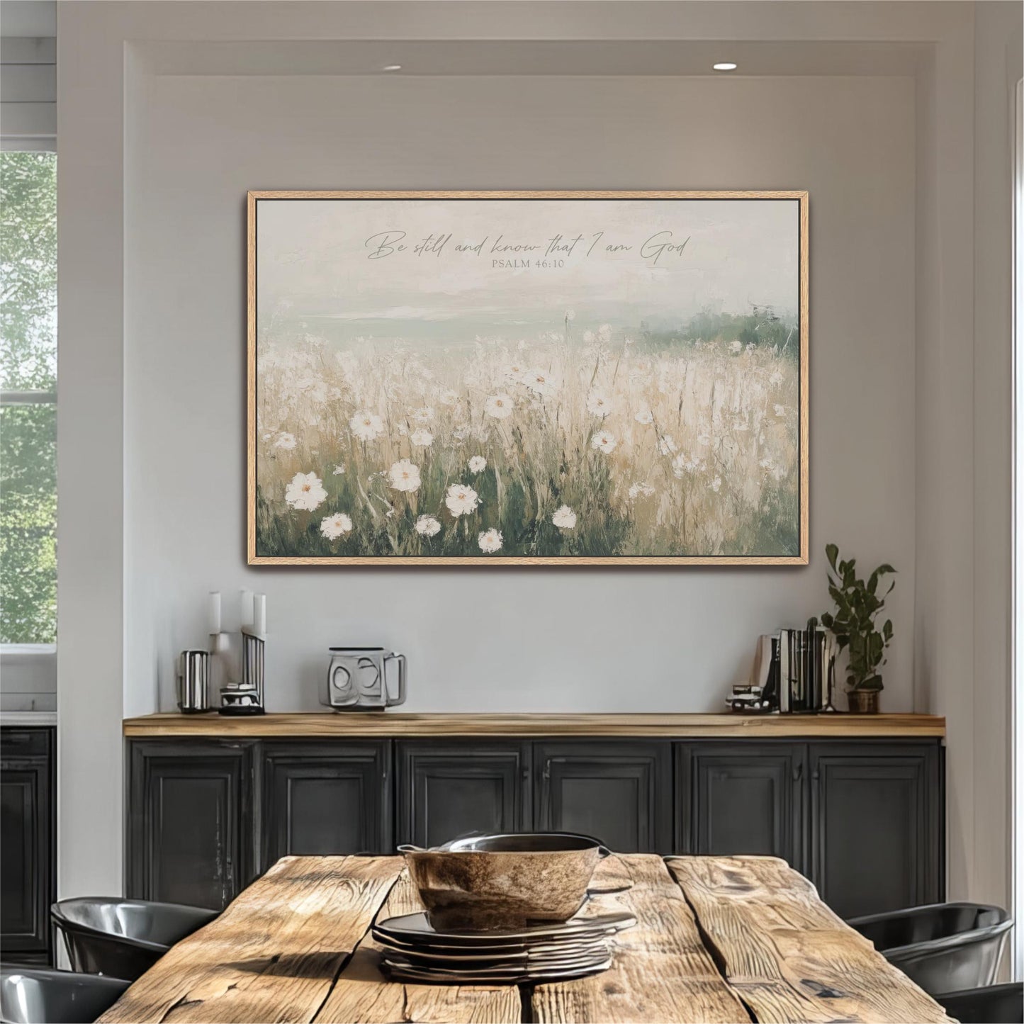 a large framed painting of a field of flowers hanging on a wall above a wooden dining table with a bowl on it.