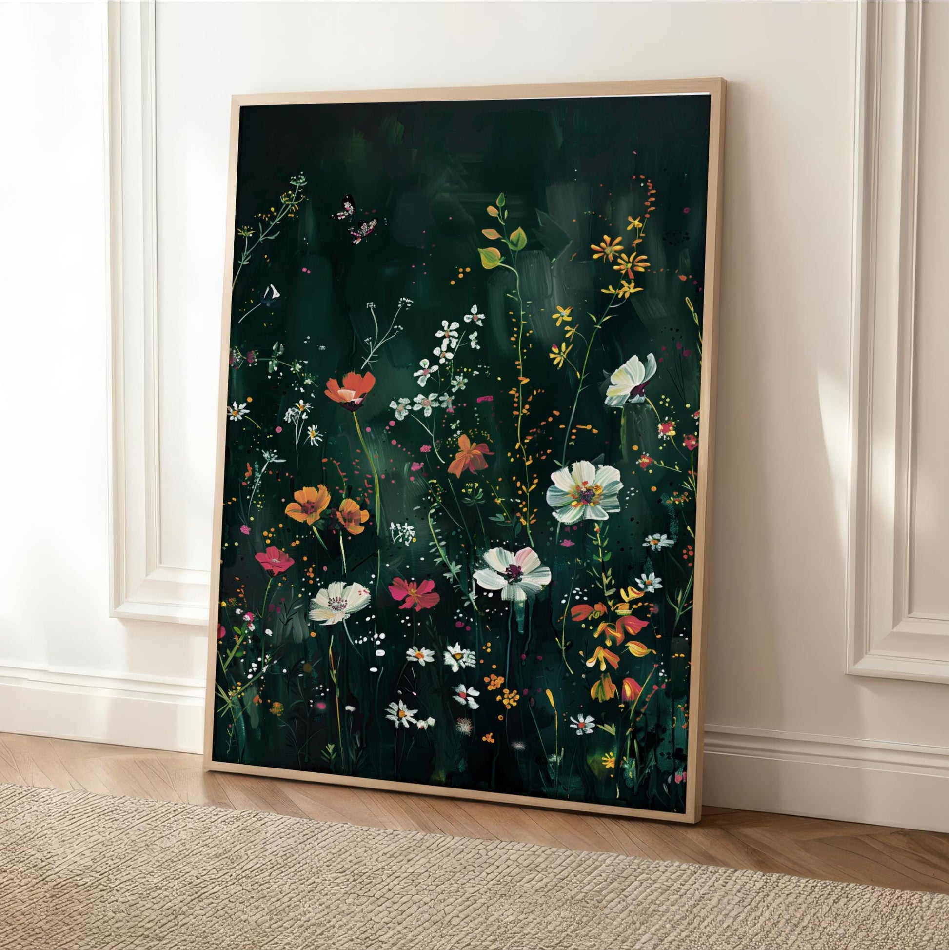 a vibrant and colorful painting of a lush garden scene, with a variety of flowers and plants in different shades of green, yellow, and orange.