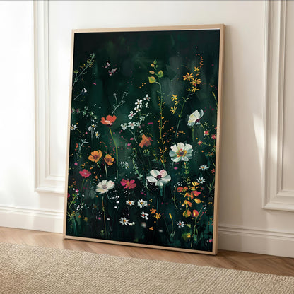 a vibrant and colorful painting of a lush garden scene, with a variety of flowers and plants in different shades of green, yellow, and orange.